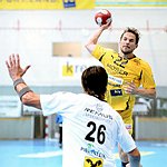 06.10.2012, Krems, Handball, Handball Liga Austria, HLA, GD, UHK Krems - HSG  Baernbach / Koeflach,<br>KOS Igor, CHALUPA Georg<br><br><br>Copyright DIENER / Zierlinger Karl<br>Marktgasse 3-7 / 4 / 5 / 21<br>A-1090 Wien<br>Telefax +43 1 955 32 35<br>Mobil +43 676 629 98 51<br>BA-CA<br>Bank Nr. 12000<br>Account Nr. 00712 223 783<br>e-mail: agentur@diener.at<br>Datenbank: www.diener.at