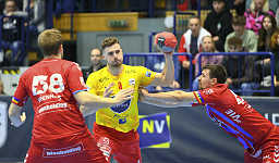 03.02.2024 Krems, Handball, Handball Liga Austria, HLA, UHK Krems, HC FIVERS WAT Margareten, <br>BRENNEIS Leander, ROZMAN Tim, MARINOVIC Marin<br><br><br>