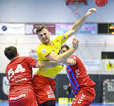 03.02.2024 Krems, Handball, Handball Liga Austria, HLA, UHK Krems, HC FIVERS WAT Margareten, <br>GLÄTZL Fabian, ROZMAN Tim, MARINOVIC Marin<br><br><br>